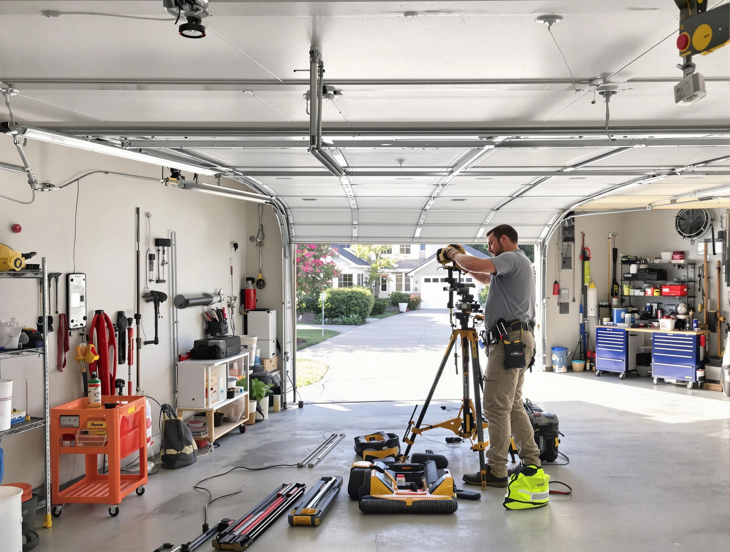 Del City Garage Door Repair specialist performing laser-guided track alignment in Del City